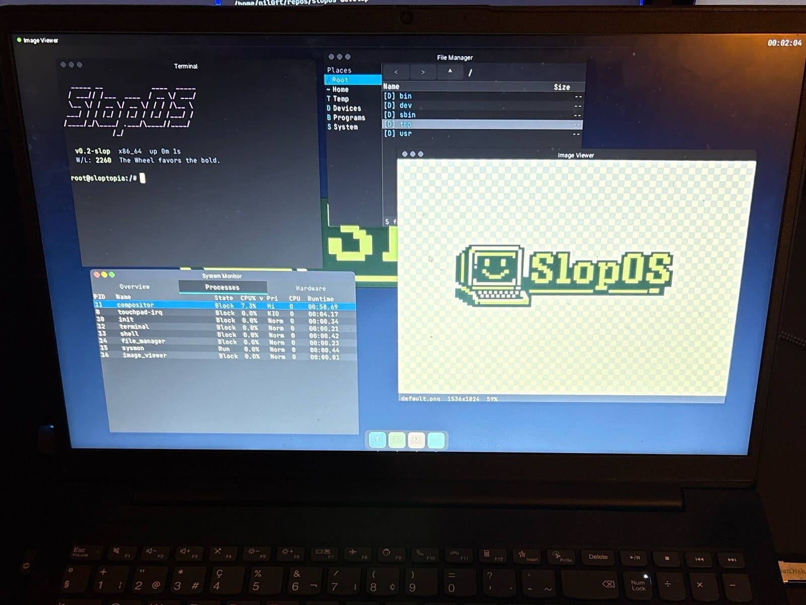 SlopOS running on a Lenovo laptop, with its terminal, file manager, system monitor and image viewer open on the desktop