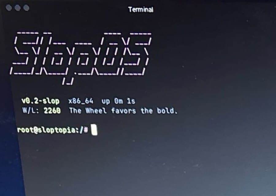 The SlopOS terminal after boot, showing an ASCII banner, the build string v0.2-slop on x86_64, and a win-loss balance of 2260